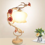 Floral Table Lamp with Curved Metal Stem and Glass Shade