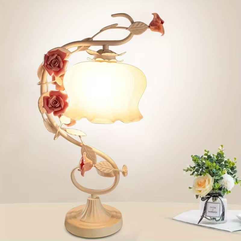 Floral Table Lamp with Curved Metal Stem and Glass Shade