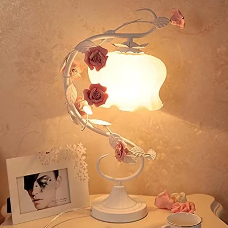 Floral Table Lamp with Curved Metal Stem and Glass Shade