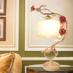 Floral Table Lamp with Curved Metal Stem and Glass Shade