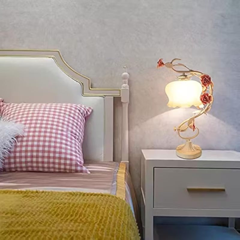 Floral Table Lamp with Curved Metal Stem and Glass Shade