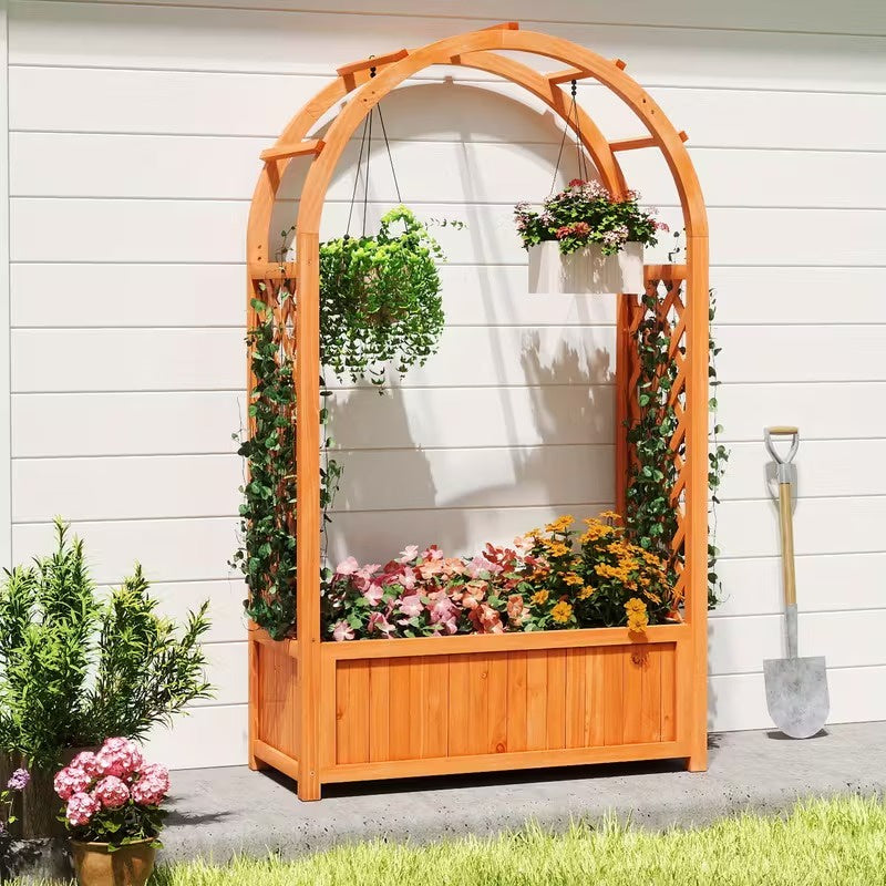Garden Planter Box with Arched Lattice Frame