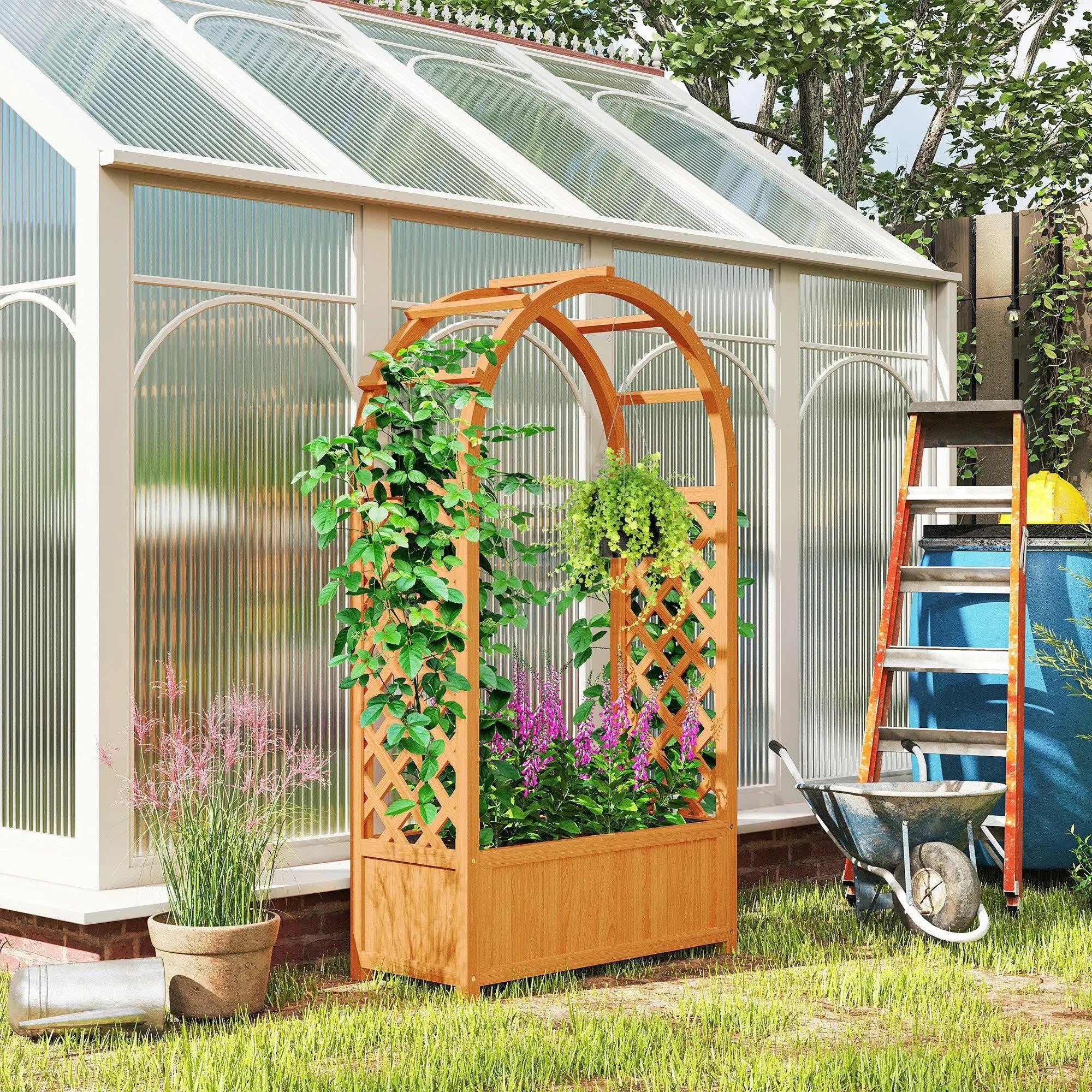 Garden Planter Box with Arched Lattice Frame